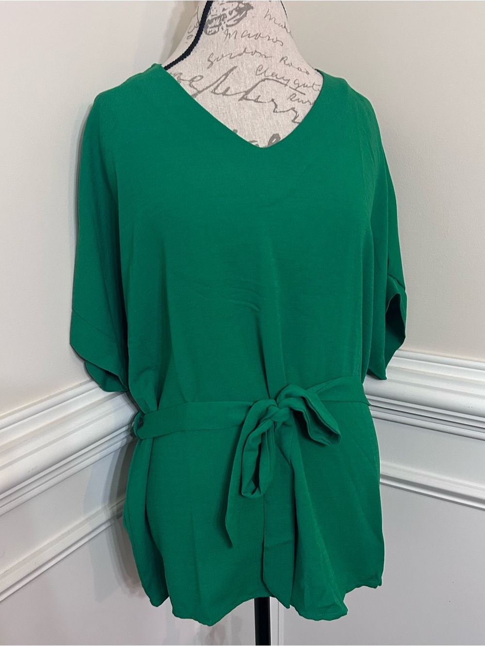 Green V-Neck Belted Tunic Top